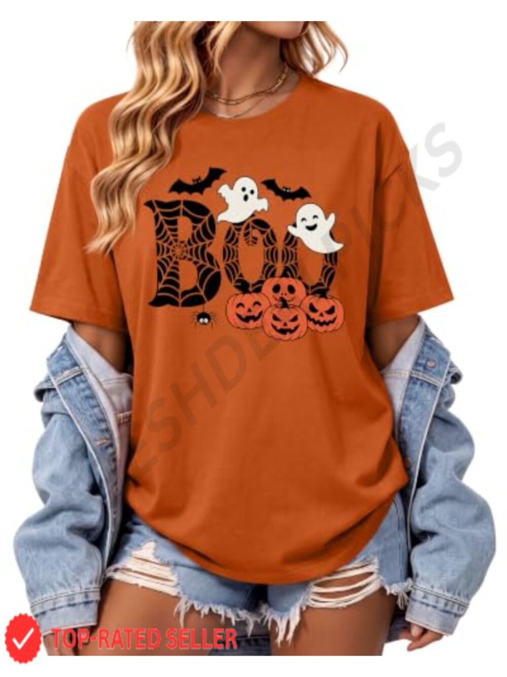 Womens Halloween Boo Graphic T-Shirt Drop Shoulder Crew Neck Tee